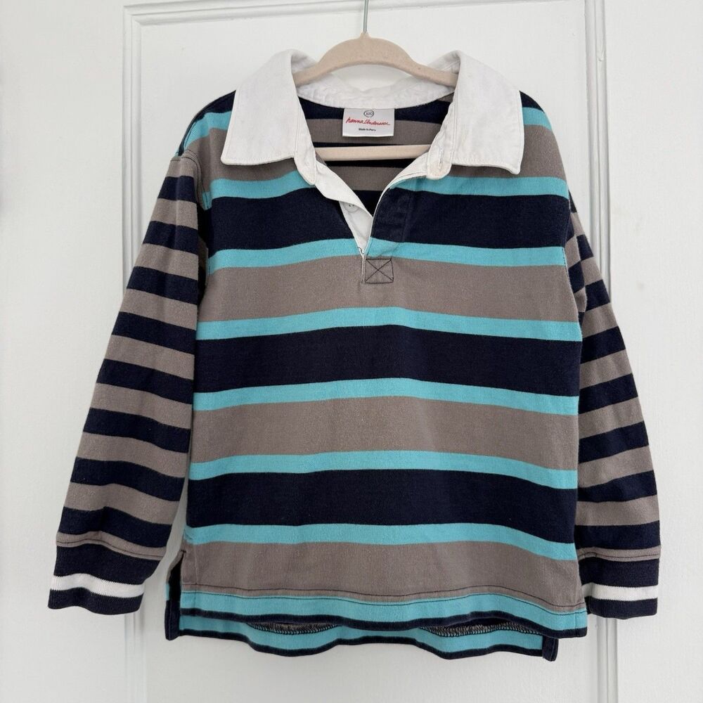 Hanna Andersson 100% Cotton Boys Striped Long Sleeve Rugby Polo Shirt Sz 100 4T